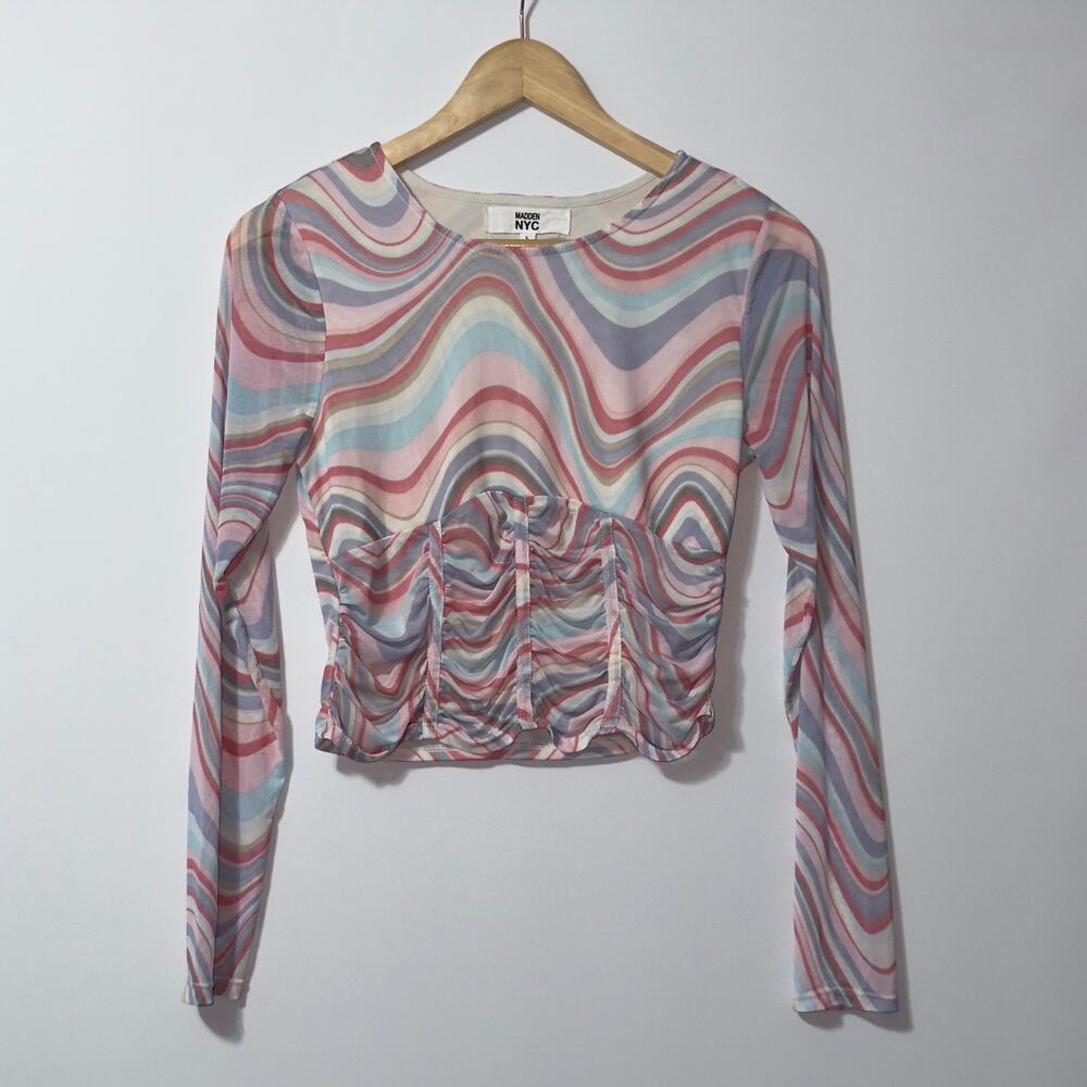 Madden NYC sheer long sleeve marble pattern crop top women’s size large